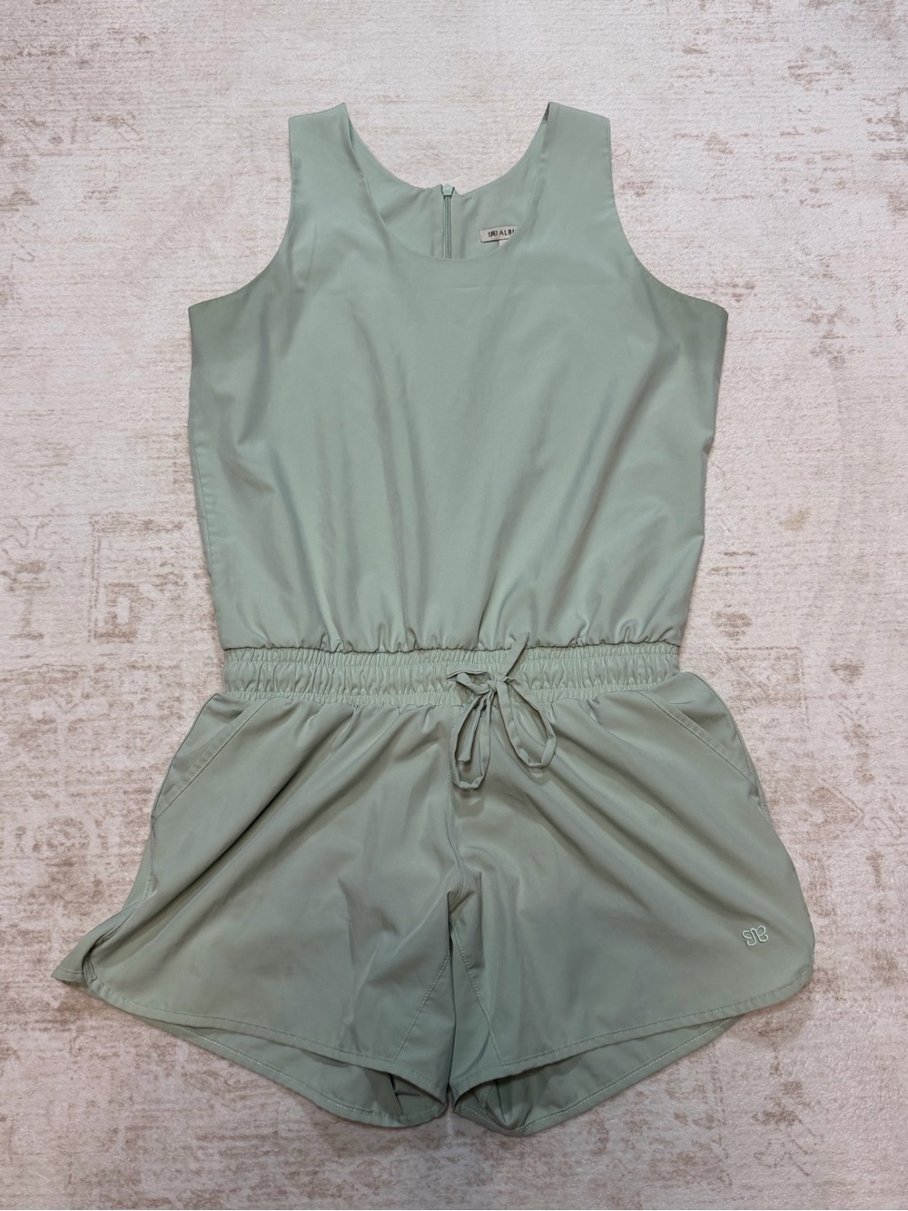 Albion Sage Green Sleeveless Romper with Drawstring Waist